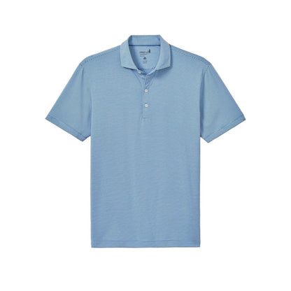 Johnnie-O Lyndonn blue and white striped performance jersey polo with a three-button placket and moisture-wicking fabric.