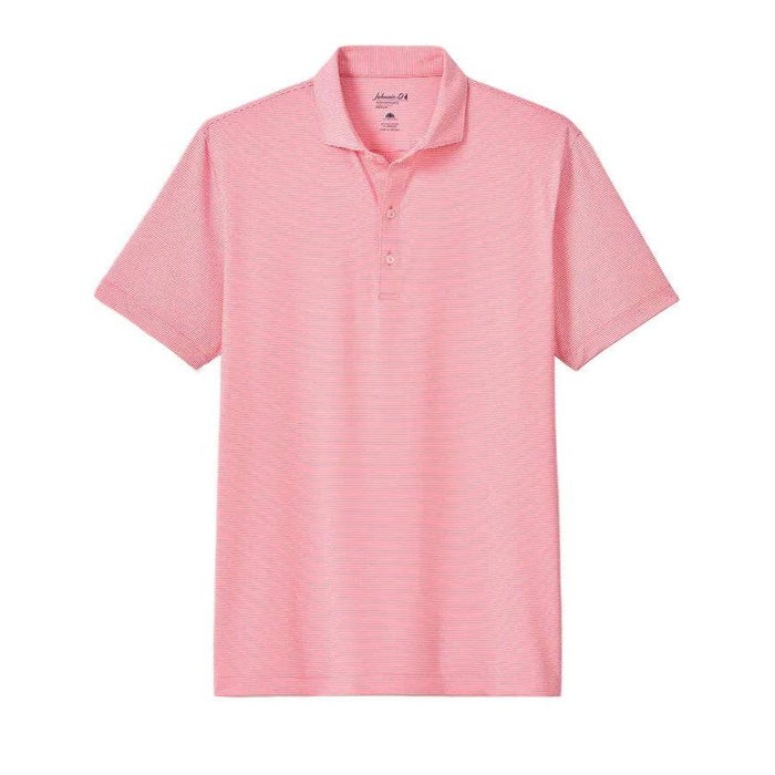 Johnnie-O Lyndonn pink and white striped performance jersey polo with a three-button placket and classic collar.
