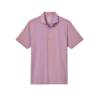 Johnnie-O Lyndonn purple striped performance jersey polo with a three-button placket and moisture-wicking stretch fabric.