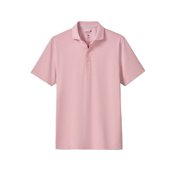Johnnie-O Lyndonn pink and white striped performance jersey polo with a three-button placket and classic collar.