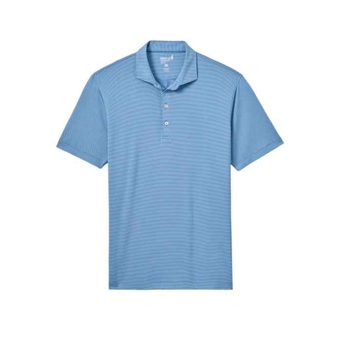 Johnnie-O blue striped performance jersey polo with a three-button placket and moisture-wicking stretch fabric.