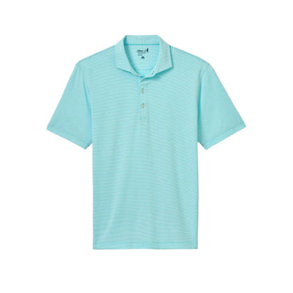 Light blue Johnnie-O performance jersey polo shirt with subtle horizontal stripes and a three-button placket.