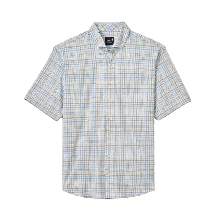 Johnnie-O Macks short-sleeve performance button-up shirt in a blue and tan plaid moisture-wicking twill fabric.