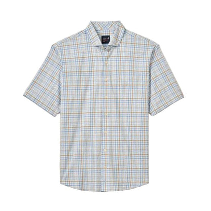 Johnnie-O Macks short-sleeve performance button-up shirt in a blue and tan plaid moisture-wicking twill fabric.
