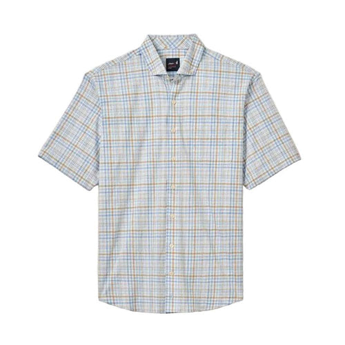 Johnnie-O Macks short-sleeve performance button-up shirt in a blue and tan plaid moisture-wicking twill fabric.