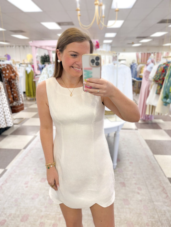 Juliette Linen Scallop Hem Mini Dress (White)