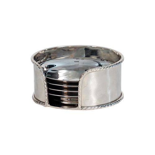 Set of four hammered stainless steel coasters in a polished silver holder with a decorative rope-style rim.