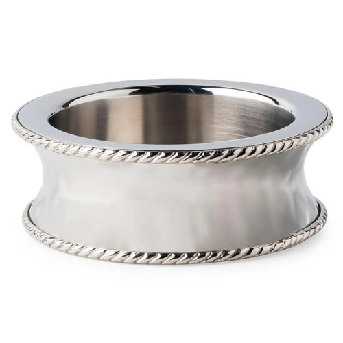 Polished stainless steel wine coaster with double-walled design and decorative thread trim detailing.
