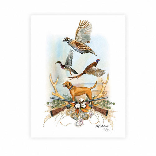 Kat McCall 8x10 limited edition sporting art print featuring a Labrador, game birds, antlers, and shotguns.