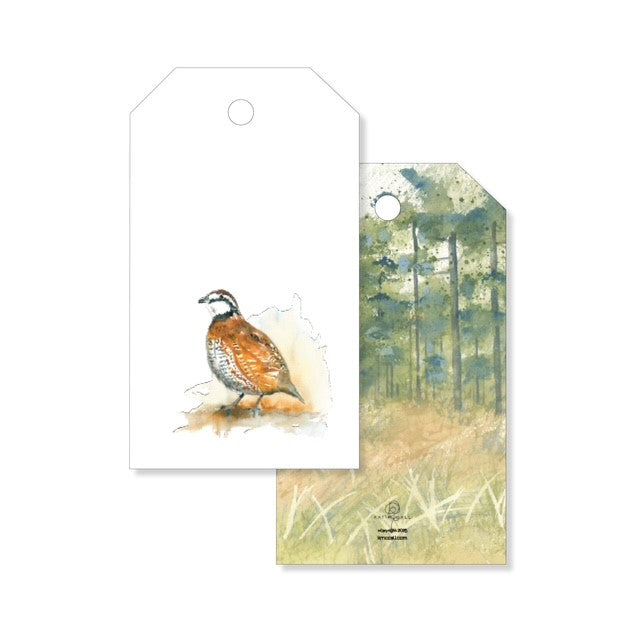 Angled gift tags featuring a watercolor quail illustration and a forest scene on premium white card stock.