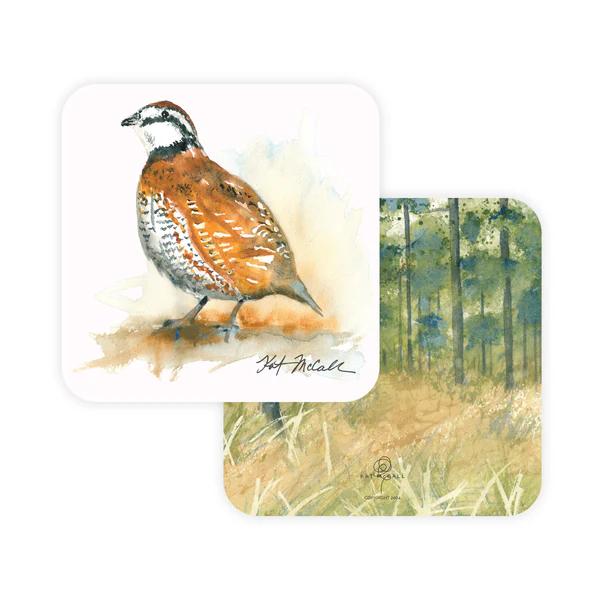 Two 4x4 inch square coasters featuring watercolor quail and forest illustrations on thick eggshell white paper.