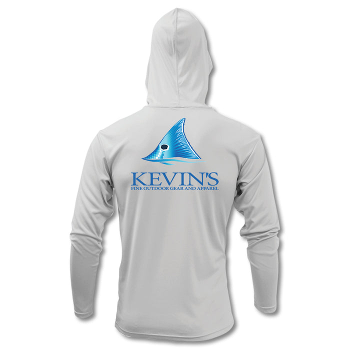 Light grey long sleeve performance hoodie with a blue fish fin logo and Kevin's branding on the back.
