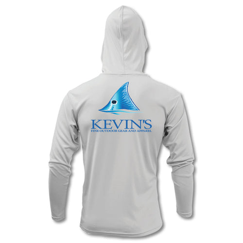 Light grey long sleeve performance hoodie with a blue fish fin logo and Kevin's branding on the back.