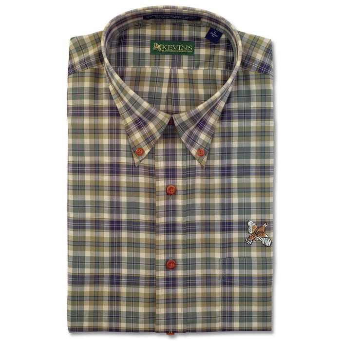 Kevin's long sleeve button-down shirt in olive plaid with a quail embroidery, featuring a button-down collar and chest pocket.