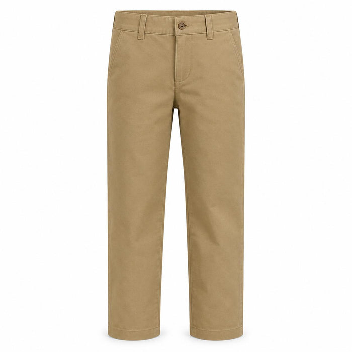 Tan children's performance briar pants with a tailored jean fit, button closure, and durable nylon-spandex blend fabric.
