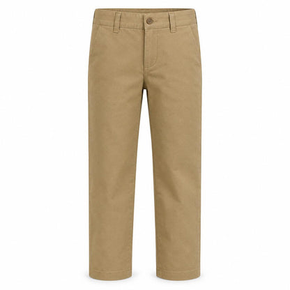 Tan children's performance briar pants with a tailored jean fit, button closure, and durable nylon-spandex blend fabric.