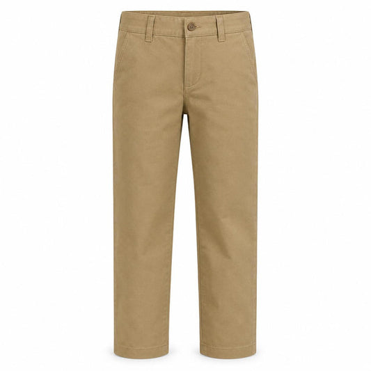 Tan children's performance briar pants with a tailored jean fit, button closure, and durable nylon-spandex blend fabric.