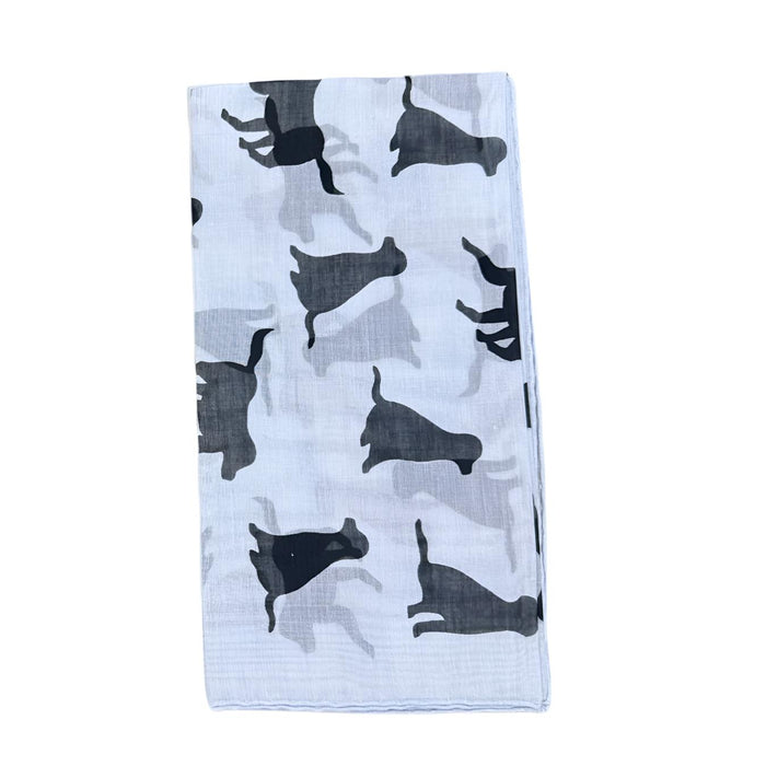 Light blue cotton-cashmere bandana featuring a repeating black Labrador silhouette pattern, 25-inch square.