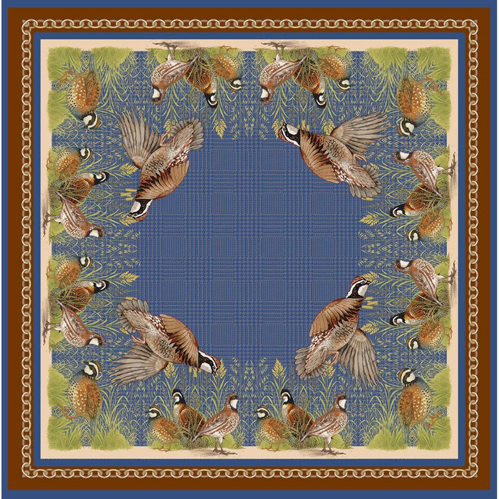34-inch square silk scarf featuring a blue grass motif with quail birds and a brown border.