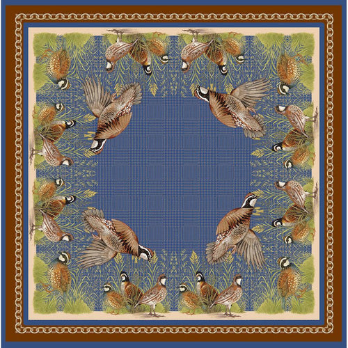 34-inch square silk scarf featuring a blue grass motif with quail birds and a brown border.