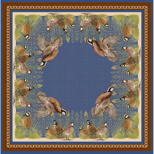 34-inch square silk scarf featuring a blue grass motif with quail birds and a brown border.