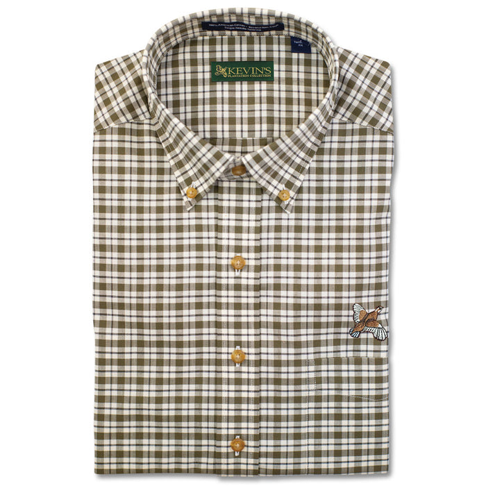 Olive and white plaid long-sleeve cotton shirt with a button-down collar and embroidered quail on the chest pocket.