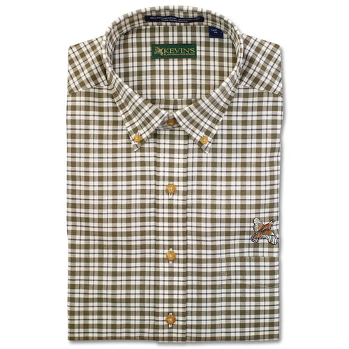 Olive and white plaid long-sleeve cotton shirt with a button-down collar and embroidered quail on the chest pocket.