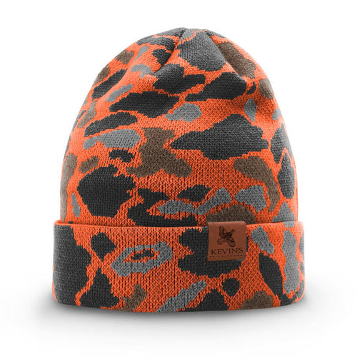 Kevin's duck camo knitted beanie in orange, grey, and brown with a leather logo patch on the cuffed brim.