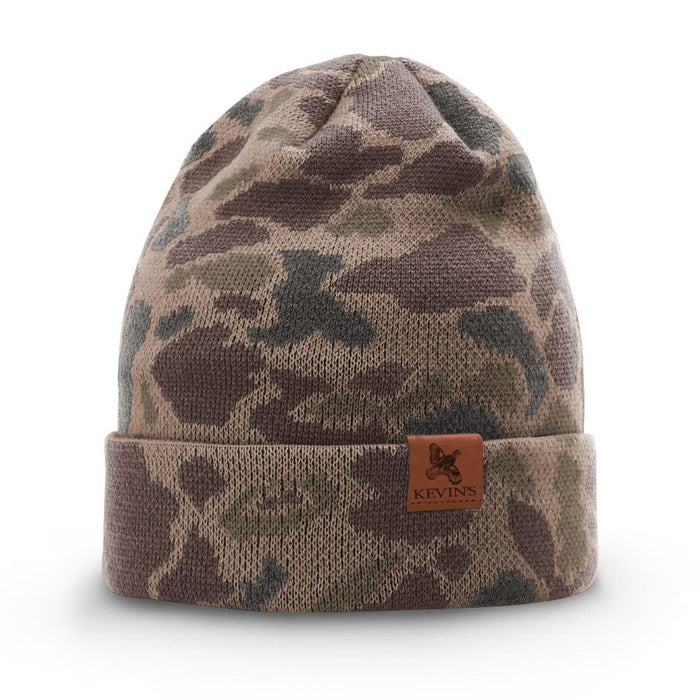 Kevin's duck camo knitted beanie with a double-layer jacquard construction and a brown leather logo patch.