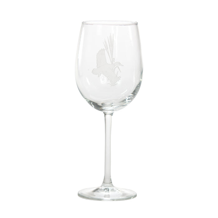 16 oz. clear glass wine glass featuring a delicately etched duck in flight motif.
