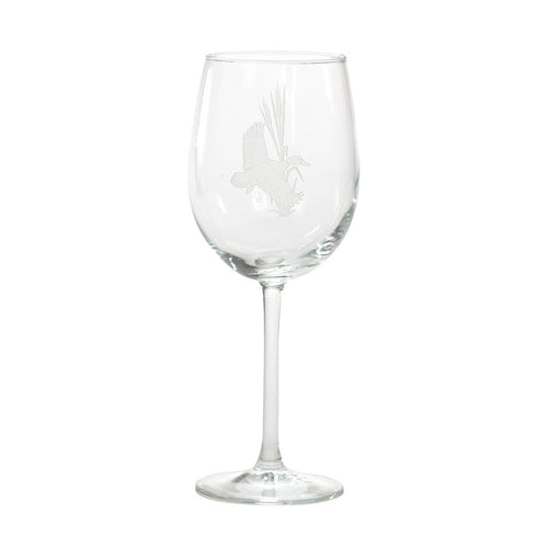 16 oz. clear glass wine glass featuring a delicately etched duck in flight motif.
