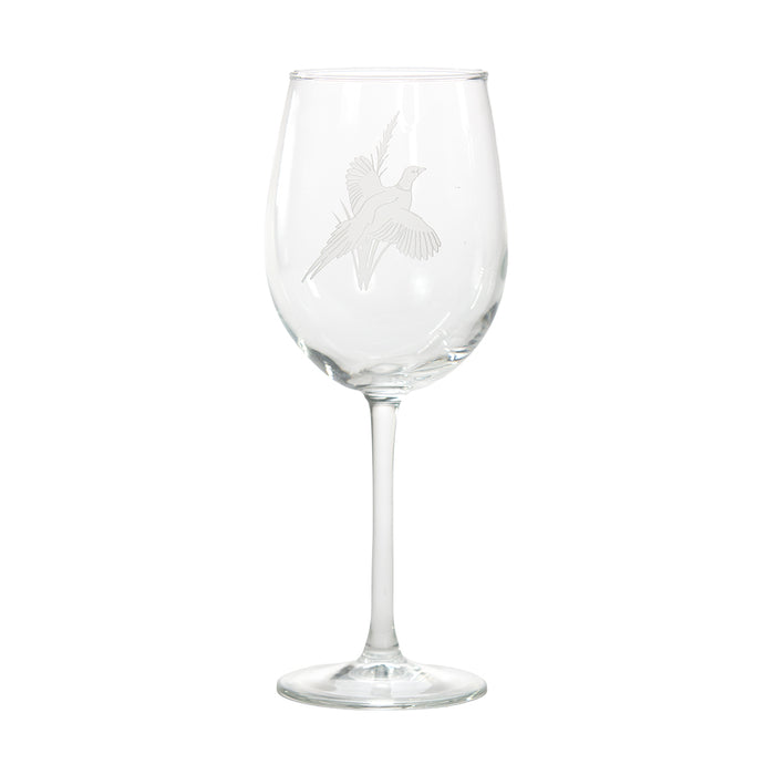16 oz. clear glass wine glass featuring a delicate etched design of a game bird in flight.