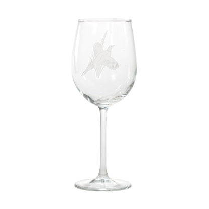 16 oz. clear glass wine glass featuring a delicate etched design of a game bird in flight.