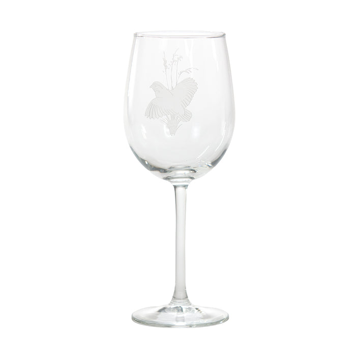 16 oz. clear glass wine glass featuring a delicate etched design of a game bird in flight.