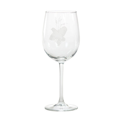 16 oz. clear glass wine glass featuring a delicate etched design of a game bird in flight.