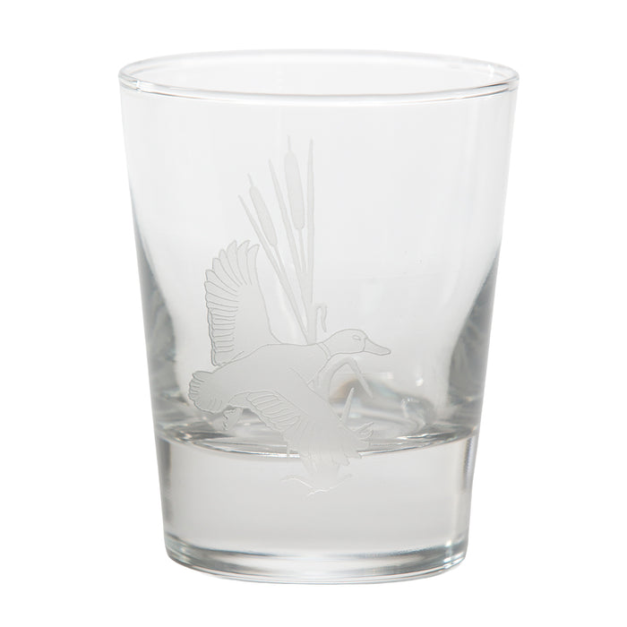 13.25 oz clear glass tumbler featuring a delicate, etched duck in flight motif.