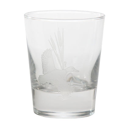 13.25 oz clear glass tumbler featuring a delicate, etched duck in flight motif.