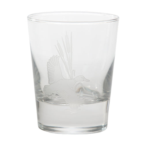 13.25 oz clear glass tumbler featuring a delicate, etched duck in flight motif.