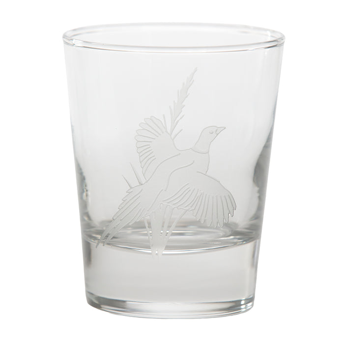 13.25 oz clear glass tumbler featuring a delicate, etched pheasant in flight design for whiskey or cocktails.