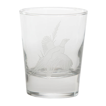 13.25 oz clear glass tumbler featuring a delicate, etched pheasant in flight design for whiskey or cocktails.