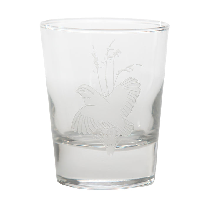 13.25 oz clear glass old fashioned tumbler featuring a delicate, etched quail gamebird design.