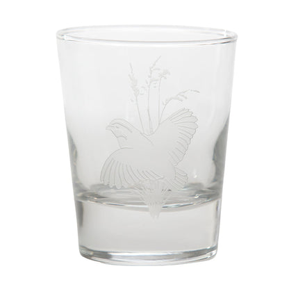 13.25 oz clear glass old fashioned tumbler featuring a delicate, etched quail gamebird design.