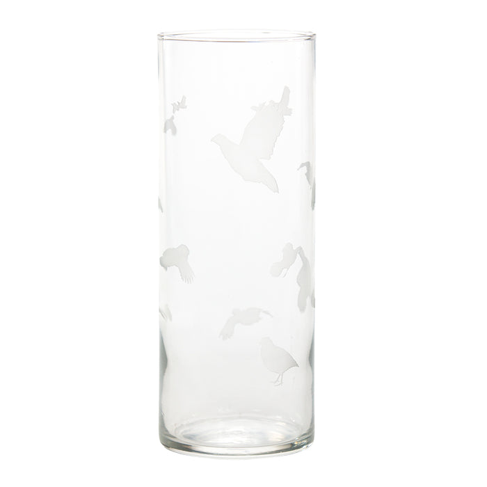 Clear glass hurricane candle holder etched with detailed silhouettes of quail and waterfowl in flight.