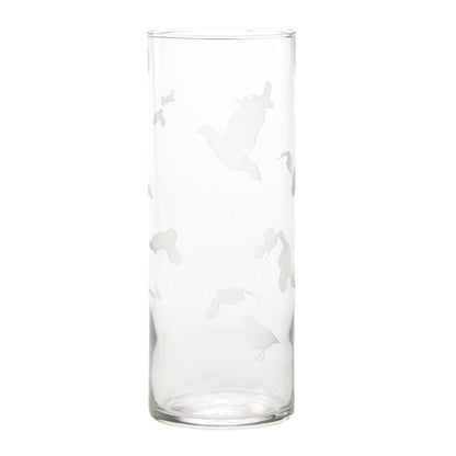 Clear glass hurricane candle holder etched with detailed silhouettes of quail and waterfowl in flight.
