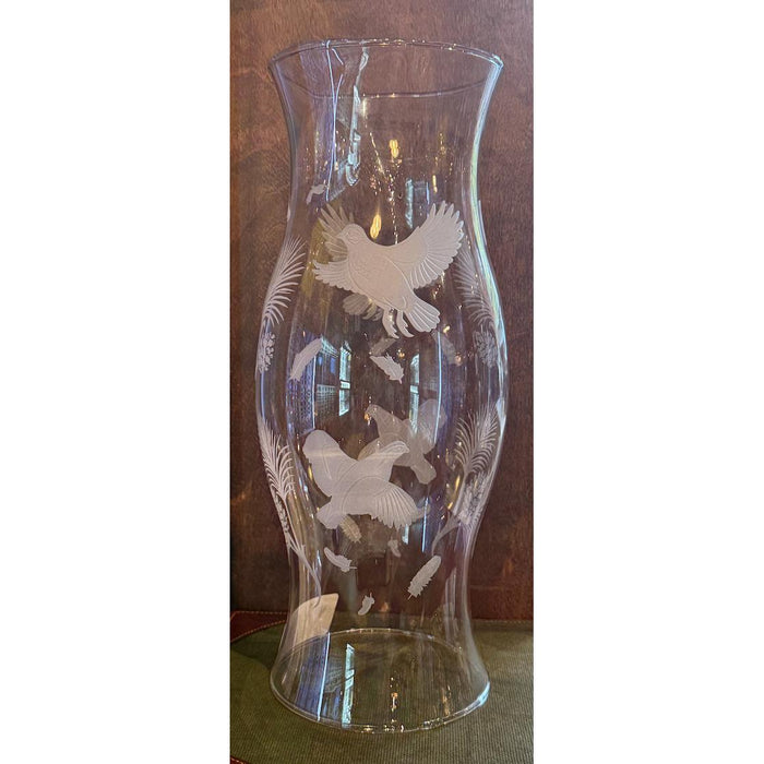 14-inch clear glass hurricane featuring hand-etched silhouettes of quail and waterfowl in flight.