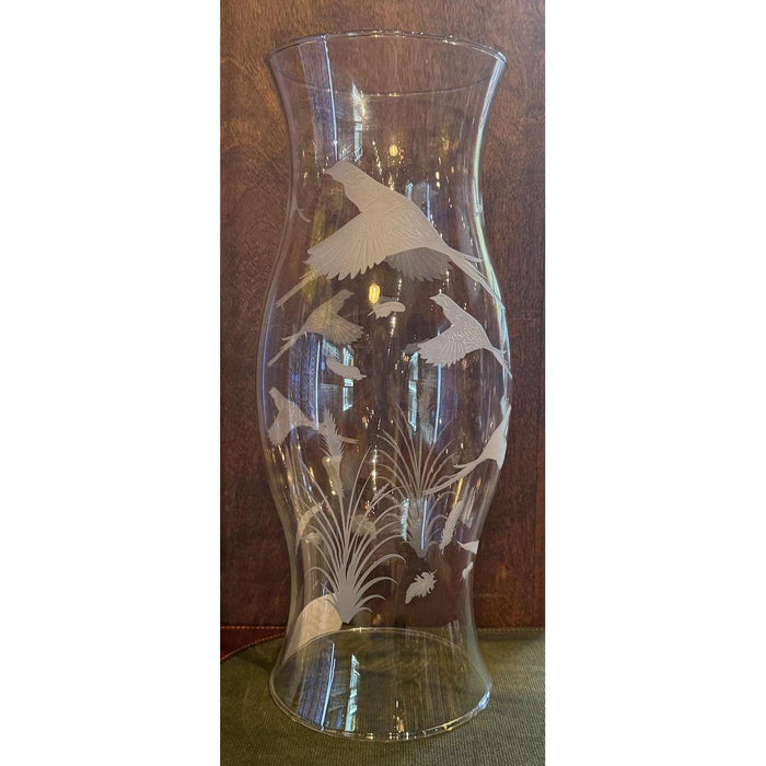 14-inch clear glass hurricane vase hand-etched with detailed quail and waterfowl in flight over marsh grass.