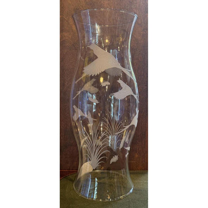 14-inch clear glass hurricane vase hand-etched with detailed quail and waterfowl in flight over marsh grass.