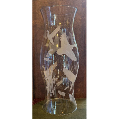14-inch clear glass hurricane featuring hand-etched silhouettes of quail and waterfowl in flight.