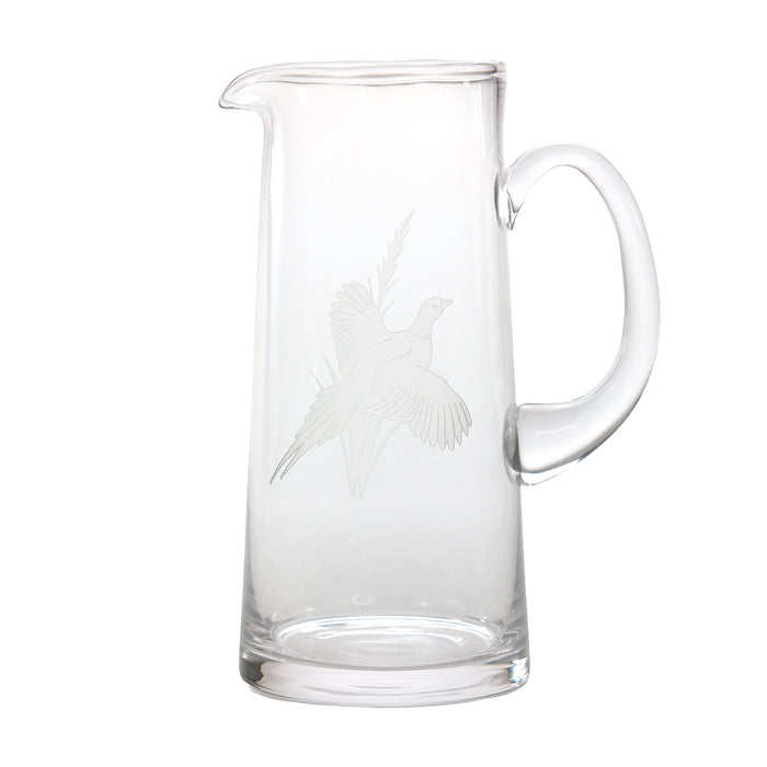 60 oz. clear glass tankard pitcher featuring a delicate etched pheasant design, crafted in the USA.