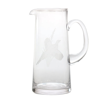 60 oz. clear glass tankard pitcher featuring a delicate etched pheasant design, crafted in the USA.